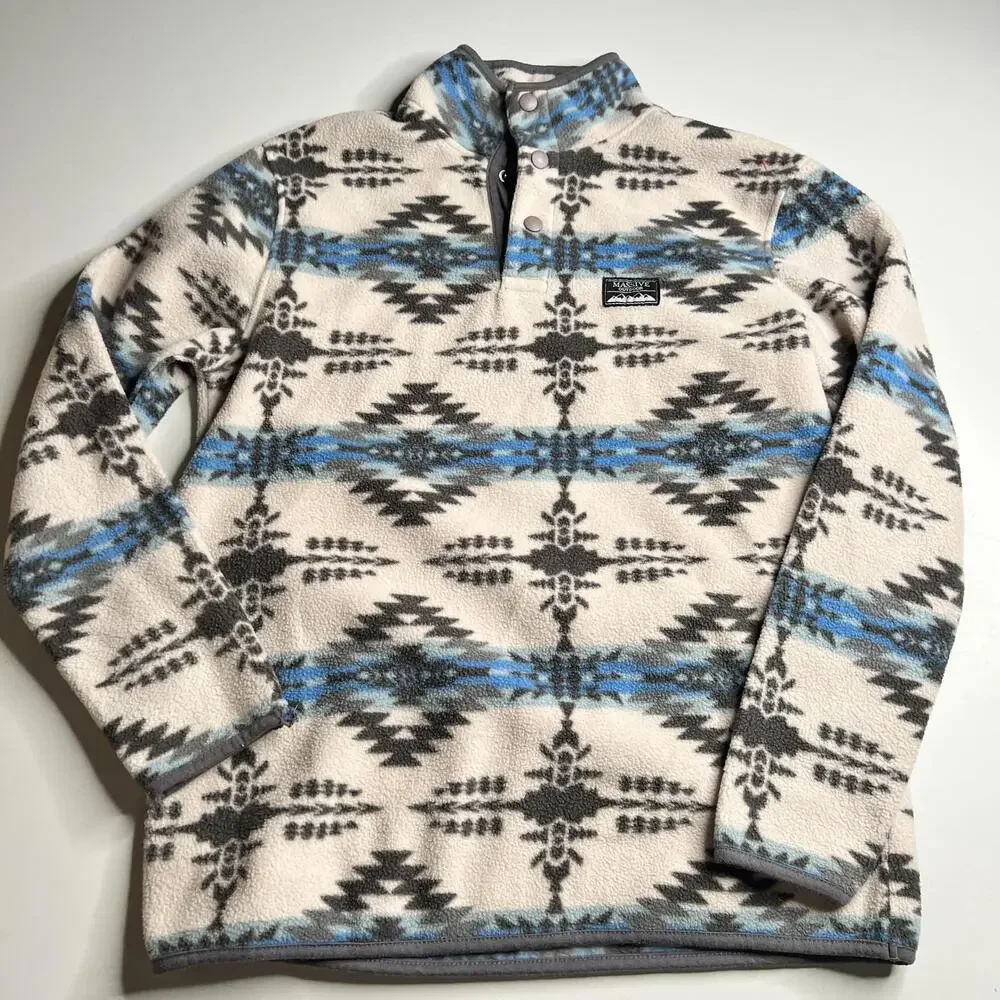 Massive Outdoor Jacket Mens Medium White Aztec Fleece‎ Snap Pullover Tribal